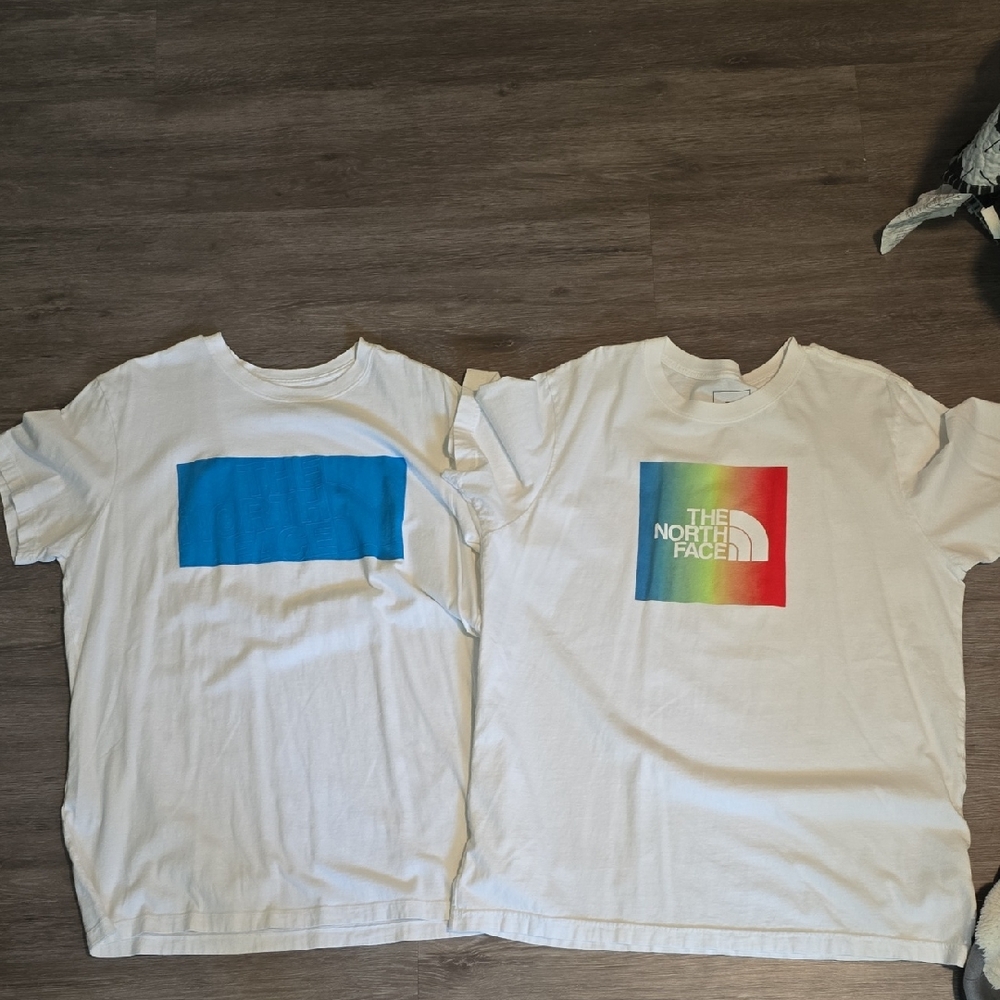 The North Face White Tees with Blue and Multicolor Graphics